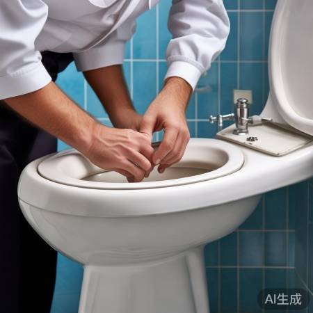 拆卸马桶座圈，拧螺丝取下。