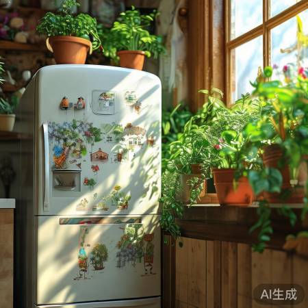 冰箱门朝窗装,绿植装饰美家。