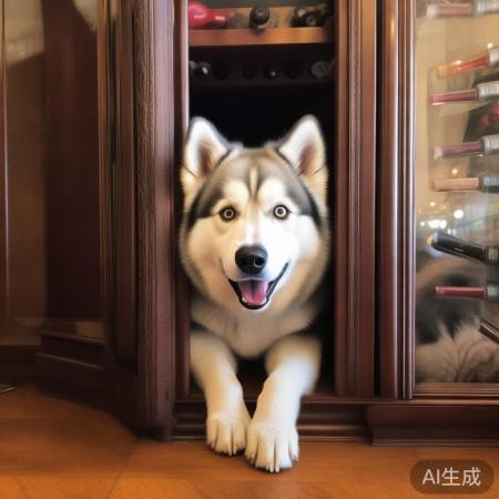 哈士奇巧入红酒柜，萌态可掬乐人