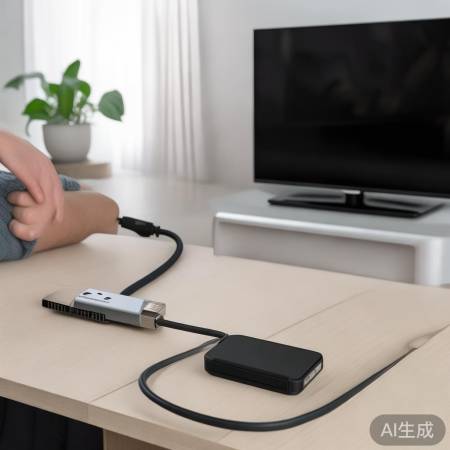 “适配器连接电视与存储设备”